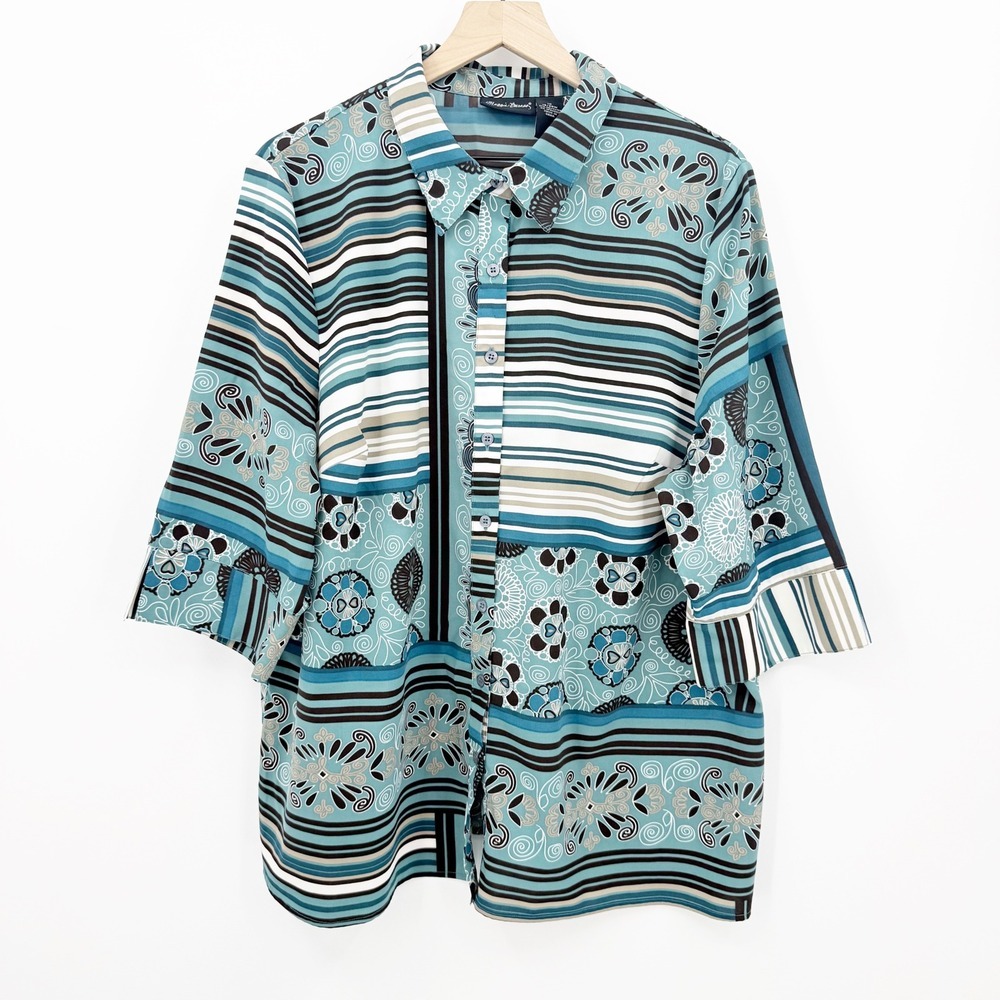 Maggie Barnes 1X Teal Patchwork Floral Stripe Button Front Blouse Abstract Boho